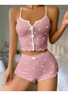 Kadın Pembe Kalpli Askılı Şortlu Pijama Takım 5009