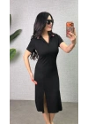 Kadın Polo Yaka çift Yırtmaç Detay Modal Kumaş Midi Boy Elbise