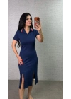 Kadın Polo Yaka çift Yırtmaç Detay Modal Kumaş Midi Boy Elbise