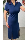Kadın Polo Yaka çift Yırtmaç Detay Modal Kumaş Midi Boy Elbise