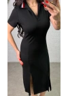 Kadın Polo Yaka çift Yırtmaç Detay Modal Kumaş Midi Boy Elbise