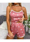 Kadın Pudra Kalp Desenli Seksi Gecelik Takım 5019