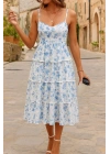 Kadın Sıfır Kol Askılı Dekolteli Yırtmaç Detay çiçek Baskılı Süprem Midi Elbise