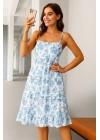 Kadın Sıfır Kol Askılı Dekolteli Yırtmaç Detay çiçek Baskılı Süprem Midi Elbise