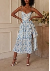 Kadın Sıfır Kol Askılı Dekolteli Yırtmaç Detay çiçek Baskılı Süprem Midi Elbise