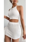Kadın Sıfır Kol Crop Mini Etek Ikili Triko Takım