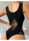Kadın Sıfır Kol Göğüs, Sırt Ve Yanları Kesik Detay çıtçıtlı Viskon Bodysuit