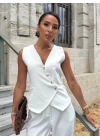 Kadın Sıfır Kollu çapraz V Yakalı önden Düğmeli Atlas Yelek Ve Pantolon Ikili Takım