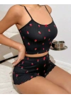 Kadın Siyah Çilek Desenli Seksi Gecelik Takım 5020