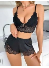 Kadın Siyah Dantel Detaylı Şortlu Pijama Takımı 5054