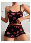 Kadın Siyah Dudak Desenli Şortlu Pijama Takımı 5057