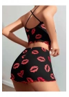 Kadın Siyah Dudak Desenli Şortlu Pijama Takımı 5057