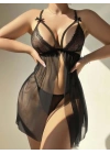 Kadın Siyah Fantezi Gecelik Tül Göğüs Fiyonk detaylı Önden Açık Dekolteli 2195