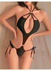 Kadın Siyah Fantezi Boyundan Bağlama Halka Detaylı Sexi Kostüm 2046