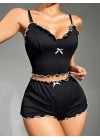 Kadın Siyah Fitilli Askılı Şortlu Pijama Takım 5042
