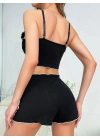 Kadın Siyah Fitilli Askılı Şortlu Pijama Takım 5042