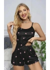 Kadın Siyah Kalp Desenli Askılı Şortlu Gecelik Takım 5018