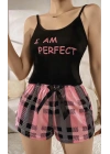 Kadın Siyah Kare Desenli Askılı Şortlu Pijama Takım 5012
