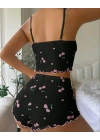 Kadın Siyah Kiraz Desenli Seksi Gecelik Takım 9003