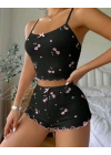Kadın Siyah Kiraz Desenli Seksi Gecelik Takım 9003