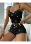 Kadın Siyah Kiraz Desenli Seksi Gecelik Takım 9003