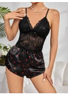 Kadın Siyah Kırmızı Kalp Desenli Saten Şort Pijama Takımı 2232