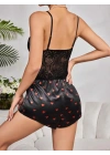 Kadın Siyah Kırmızı Kalp Desenli Saten Şort Pijama Takımı 2232
