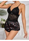 Kadın Siyah Kırmızı Kalp Desenli Saten Şort Pijama Takımı 2232