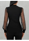 Kadın Siyah Kolu Tül Detaylı Yarım Balıkçı Kaşkorse Bluz 6160