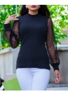 Kadın Siyah Kolu Tül Detaylı Yarım Balıkçı Kaşkorse Bluz 6160