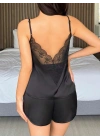 Kadın Siyah  Şort Askılı Dantel Üst Pijama Takımı 2233