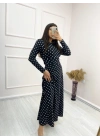 Kadın Siyah Tam Boy Beyaz Puantiyeli Elbise