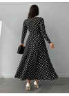 Kadın Siyah Tam Boy Beyaz Puantiyeli Elbise