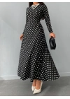 Kadın Siyah Tam Boy Beyaz Puantiyeli Elbise