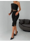 Kadın Siyah Tek Kol Dantel Detay Omuz Dekolte Krep Elbise