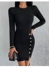 Kadın Siyah Uzun Kollu Bisiklet Yaka Yan Yırtmaç Düğme Detay Kısa Kaşkorse Elbise