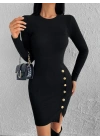 Kadın Siyah Uzun Kollu Bisiklet Yaka Yan Yırtmaç Düğme Detay Kısa Kaşkorse Elbise