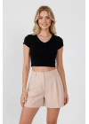 Kadın Siyah V Yaka Pamuklu Likralı Süprem Basic Kısa Kol Crop T-Shirt