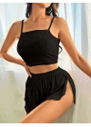 Kadın Siyah Yandan Yırtmaçlı Askılı Şortlu Pijama Takım 5041