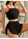 Kadın Siyah Yandan Yırtmaçlı Askılı Şortlu Pijama Takım 5041