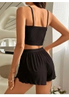 Kadın Siyah Yandan Yırtmaçlı Askılı Şortlu Pijama Takım 5041