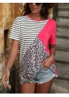 Kadın Süprem Kumaş Leopar Desenli Ve Cizgili Oversize Bluz