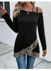 Kadın Tek O Uzdan Açık Askılı Uzun Kollu Leopar Detaylı Viskon Bluz