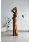 Kadın Tek Omuz Açık Detay İthal Krep Kumaş Maxi Boy Uzun Kol Elbise