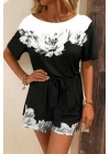 Kadın Tek Omuzu Açık çiçek Desenli Beli Kuşaklı Iki Iplik Mini Short Tulum