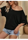 Kadın Tek Omuzu Açık Kısa Kollu Salaş Viskon Bluz