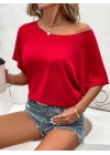 Kadın Tek Omuzu Açık Kısa Kollu Salaş Viskon Bluz