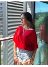 Kadın Tek Omuzu Açık Kısa Kollu Salaş Viskon Bluz