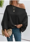 Kadın Tek Omuzu Açık Uzun Kollu Salaş Sandy Bluz