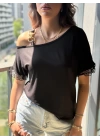 Kadın Tek Omuzu Askılı Kısa Kollu Toka Detaylı Dantelli Viskon Bluz